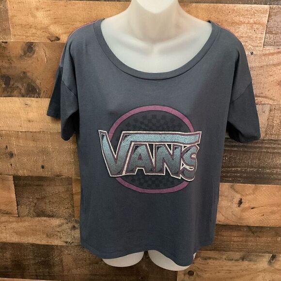Vans Tee Shirt  Round Scoop Neck Short Sleeves Bluish Grey Pink Vans Logo XS - Picture 9 of 9